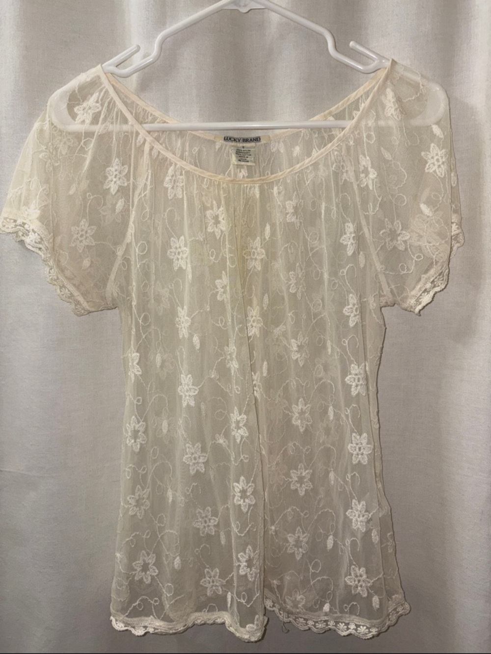 Lucky Brand Ivory Sheer Embroidered Lace Top